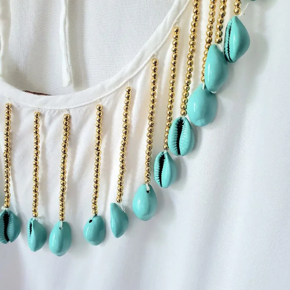 Soft Surroundings White Blue Shell Bead Tunic Top S Boho Beach Coastal Resort